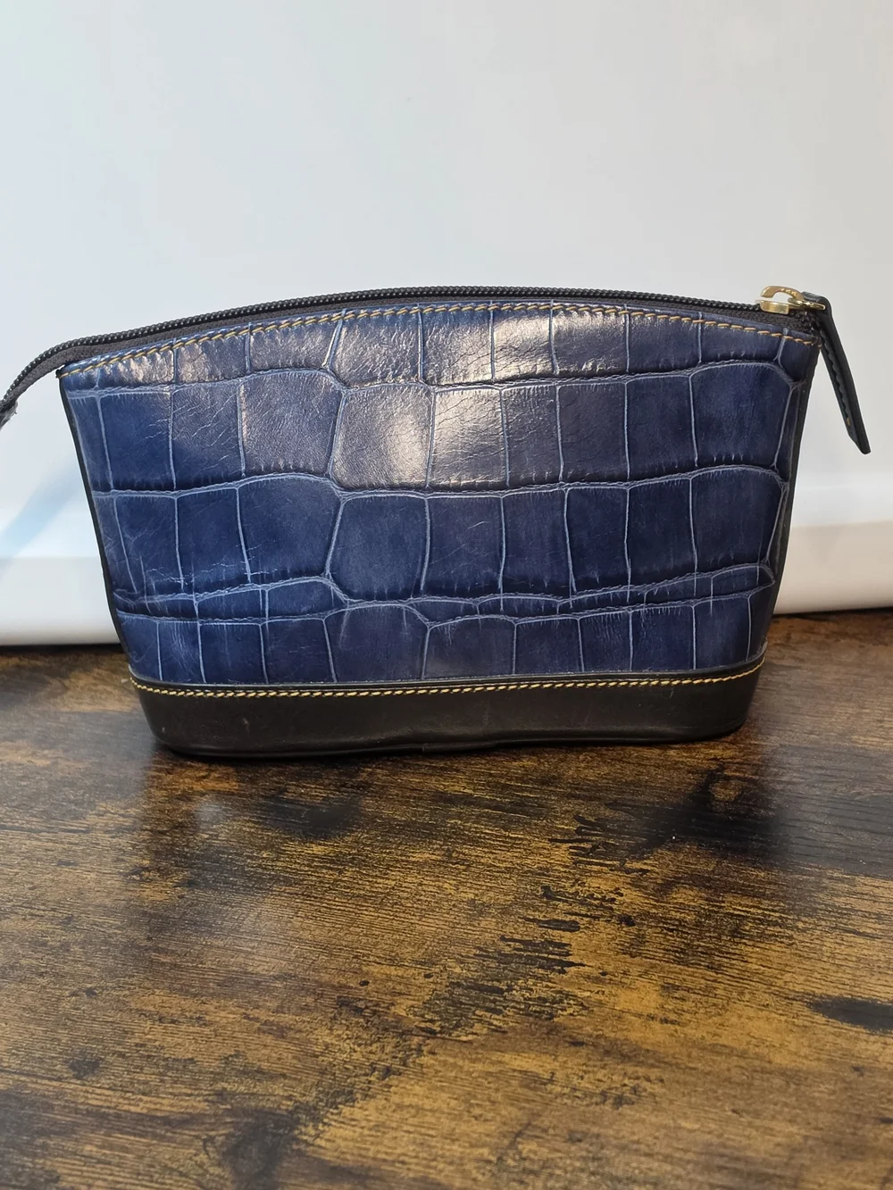 Dooney & Bourke Navy Croc-Embossed Cosmetic Pouch with Brown Trim